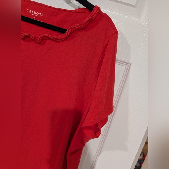 Talbots Woman Red Orange Ruffle Neck Short Sleeve Shirt in Size 2X - Picture 4 of 7